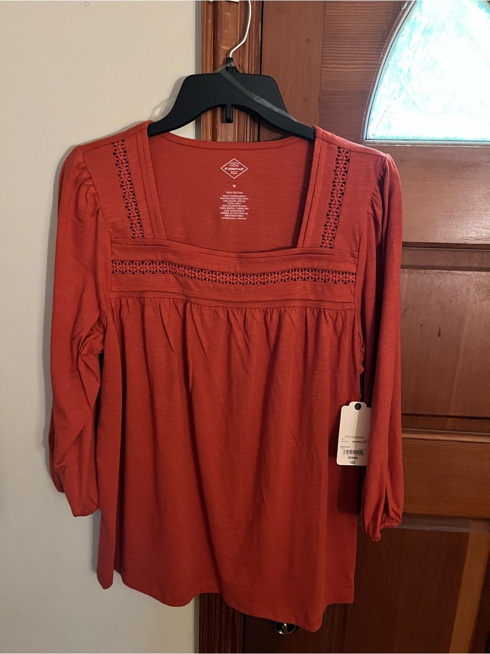 St. John's Bay Rust Long-Sleeve Square Neck Lace-Trim Top
